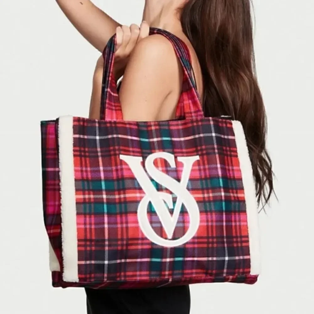 Victoria’s Secret Red Green Plaid Shearling Trim Holiday Winter Travel Tote Bag